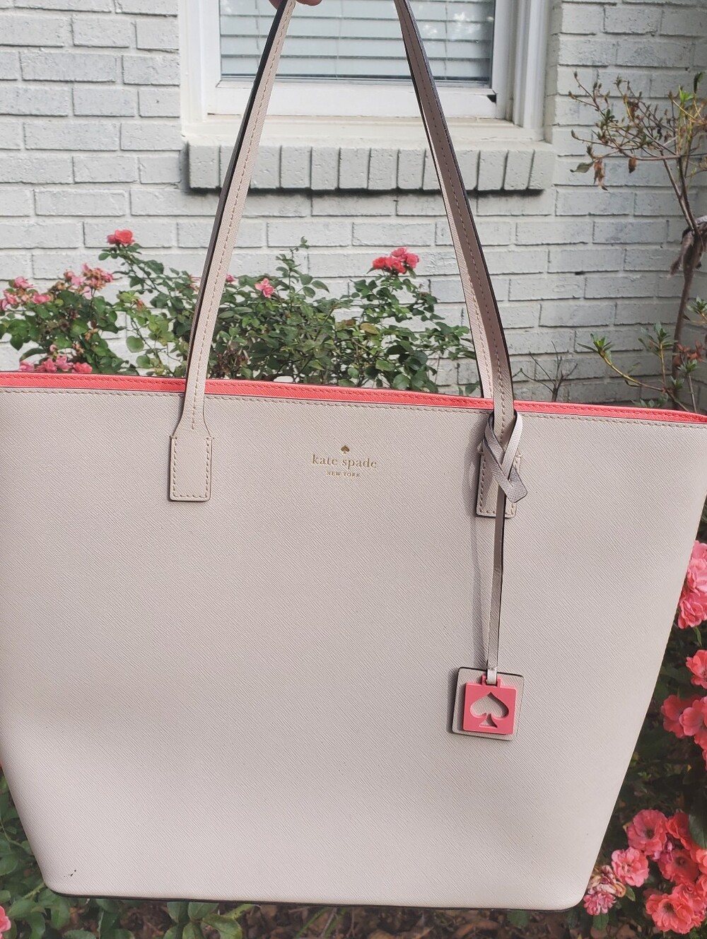 Kate Spade Abbey Street Karla Cream Tote With Hot Pink logo hangtag/ interior